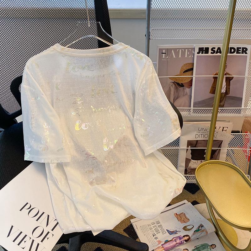 抖音質量透氣2025燙鑽圓領新款愛心上衣2色 M-XL