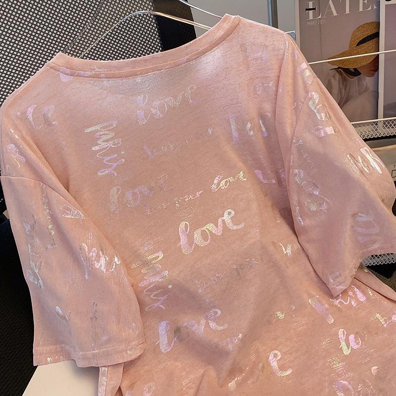 抖音質量透氣2025燙鑽圓領新款愛心上衣2色 M-XL