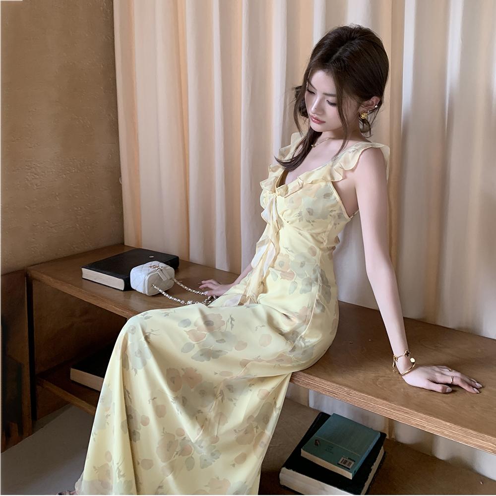 實拍2025春夏新仲夏花園奶油黃法式荷葉邊仙女連身裙S-L