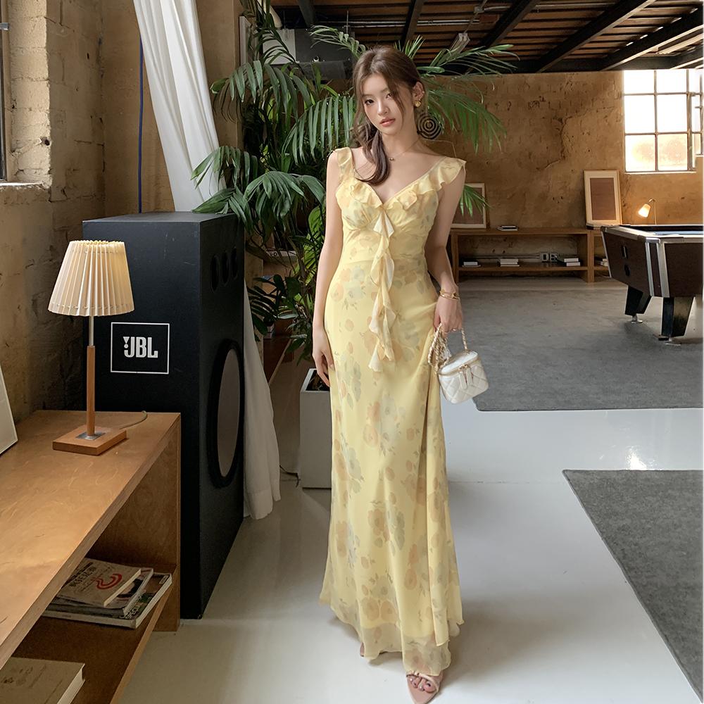 實拍2025春夏新仲夏花園奶油黃法式荷葉邊仙女連身裙S-L