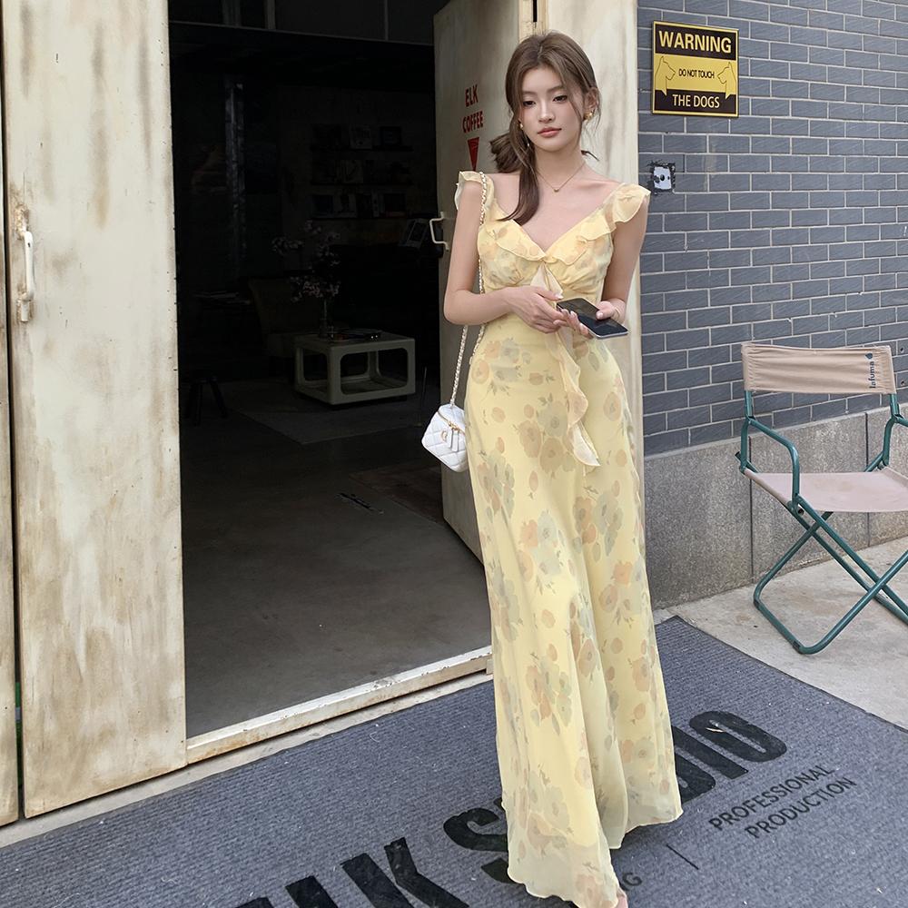 實拍2025春夏新仲夏花園奶油黃法式荷葉邊仙女連身裙S-L