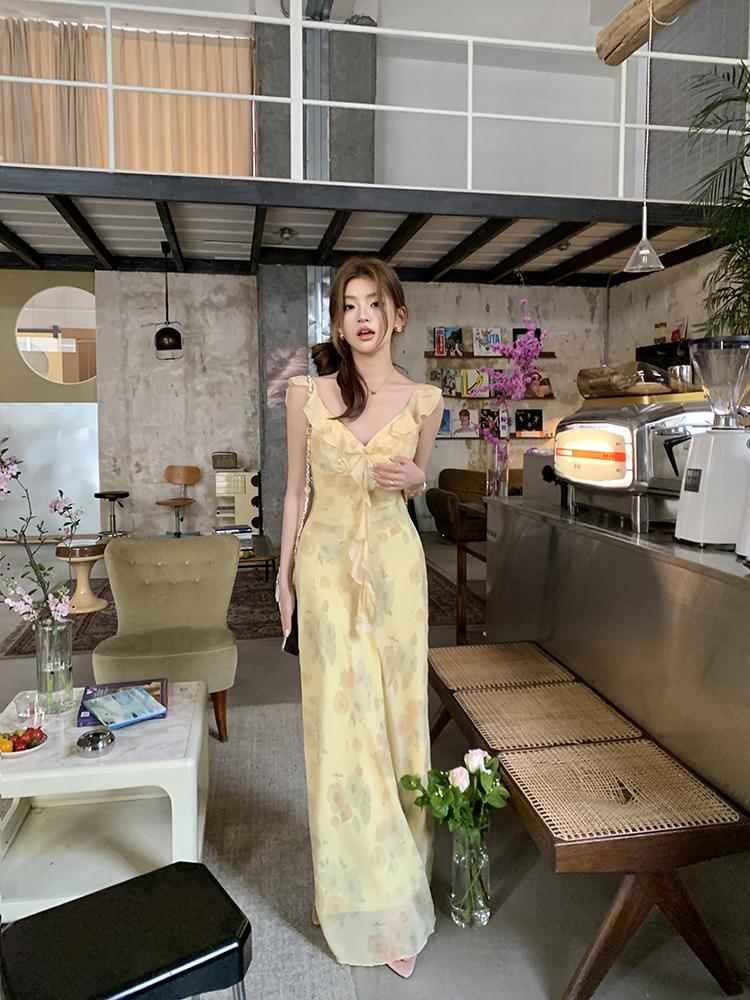 實拍2025春夏新仲夏花園奶油黃法式荷葉邊仙女連身裙S-L