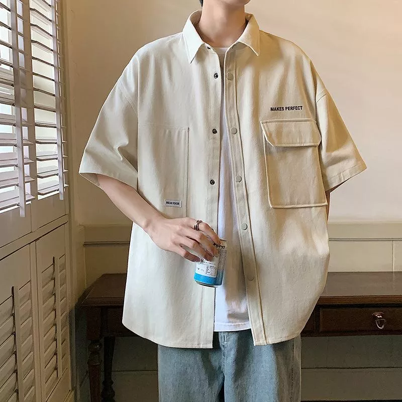 港風短袖工裝襯衫夏季青少年休閒外套寬鬆半袖襯衫4色 M-3XL 港風短袖工裝襯衫夏季青少年休閒外套寬鬆半袖襯衫4色 M-3XL