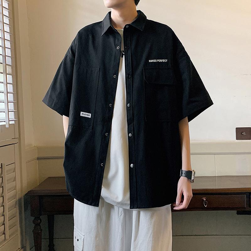 港風短袖工裝襯衫夏季青少年休閒外套寬鬆半袖襯衫4色 M-3XL