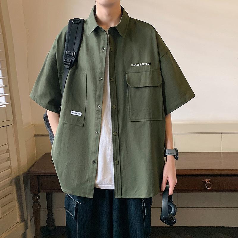 港風短袖工裝襯衫夏季青少年休閒外套寬鬆半袖襯衫4色 M-3XL
