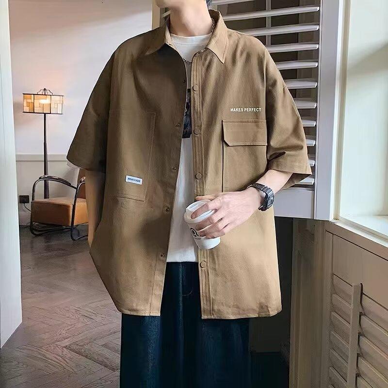 港風短袖工裝襯衫夏季青少年休閒外套寬鬆半袖襯衫4色 M-3XL
