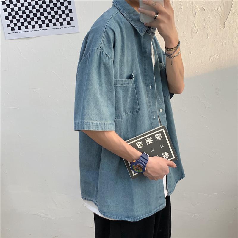 夏季薄款牛仔襯衫短袖休閒港風百搭寬鬆復古工裝外套2色 M-2XL