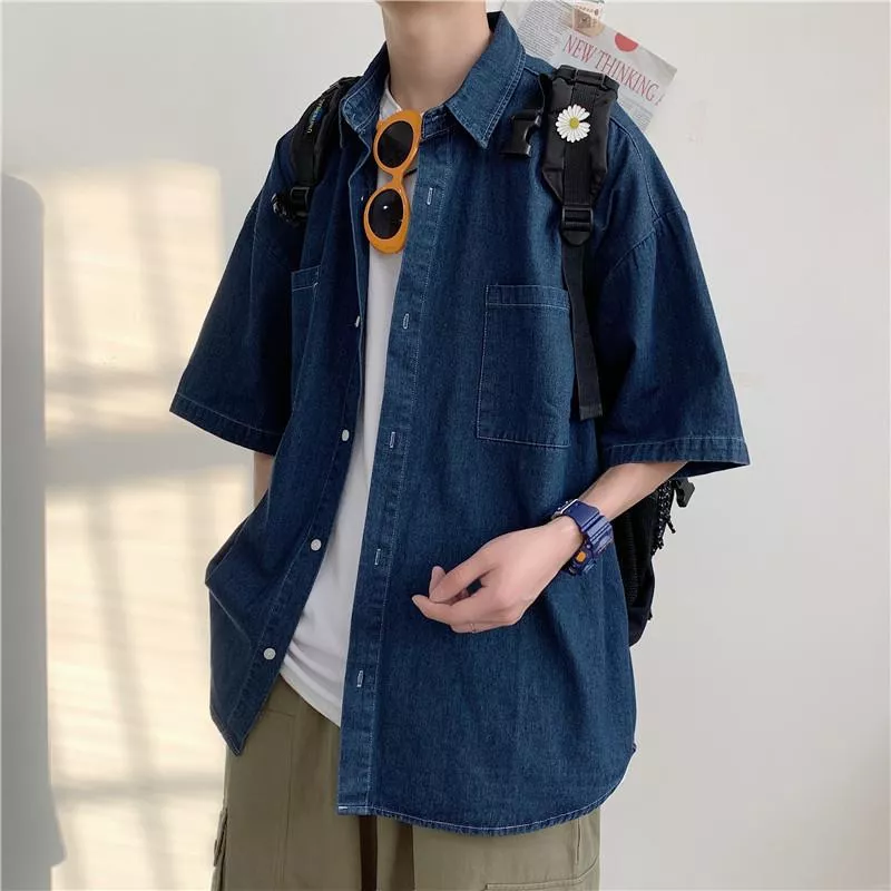 夏季薄款牛仔襯衫短袖休閒港風百搭寬鬆復古工裝外套2色 M-2XL 夏季薄款牛仔襯衫短袖休閒港風百搭寬鬆復古工裝外套2色 M-2XL
