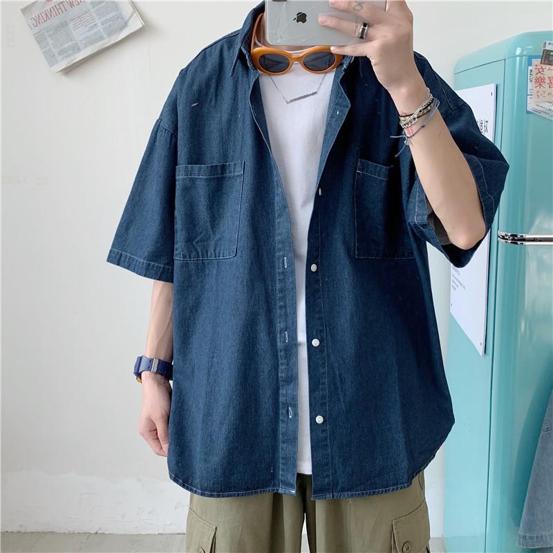 夏季薄款牛仔襯衫短袖休閒港風百搭寬鬆復古工裝外套2色 M-2XL