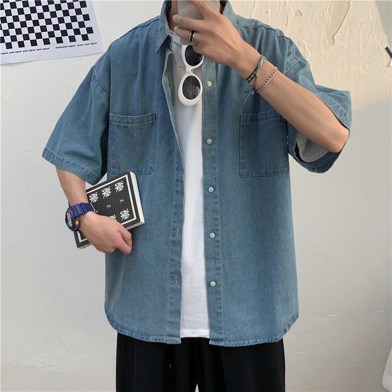 夏季薄款牛仔襯衫短袖休閒港風百搭寬鬆復古工裝外套2色 M-2XL