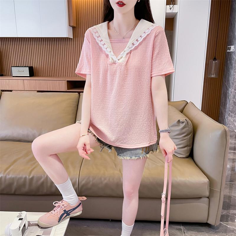 蕾絲翻領甜美減齡百搭上衣2色 M-2XL