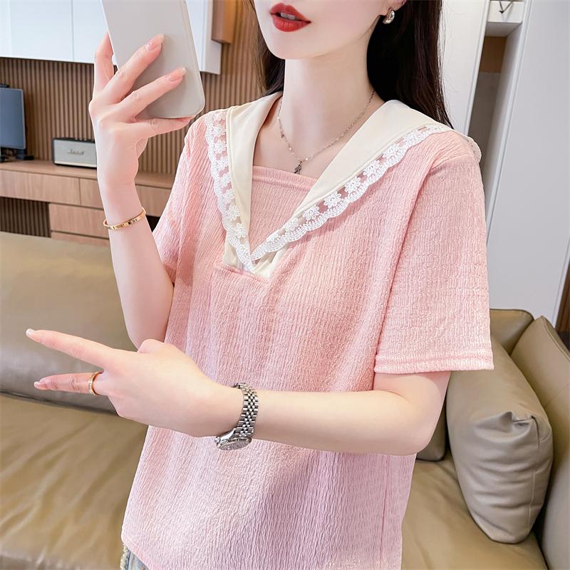 蕾絲翻領甜美減齡百搭上衣2色 M-2XL
