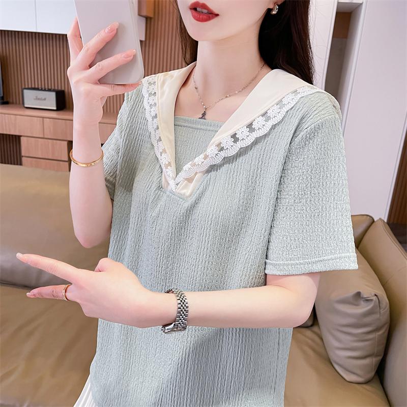 蕾絲翻領甜美減齡百搭上衣2色 M-2XL
