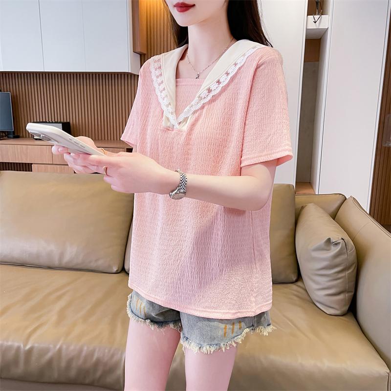 蕾絲翻領甜美減齡百搭上衣2色 M-2XL
