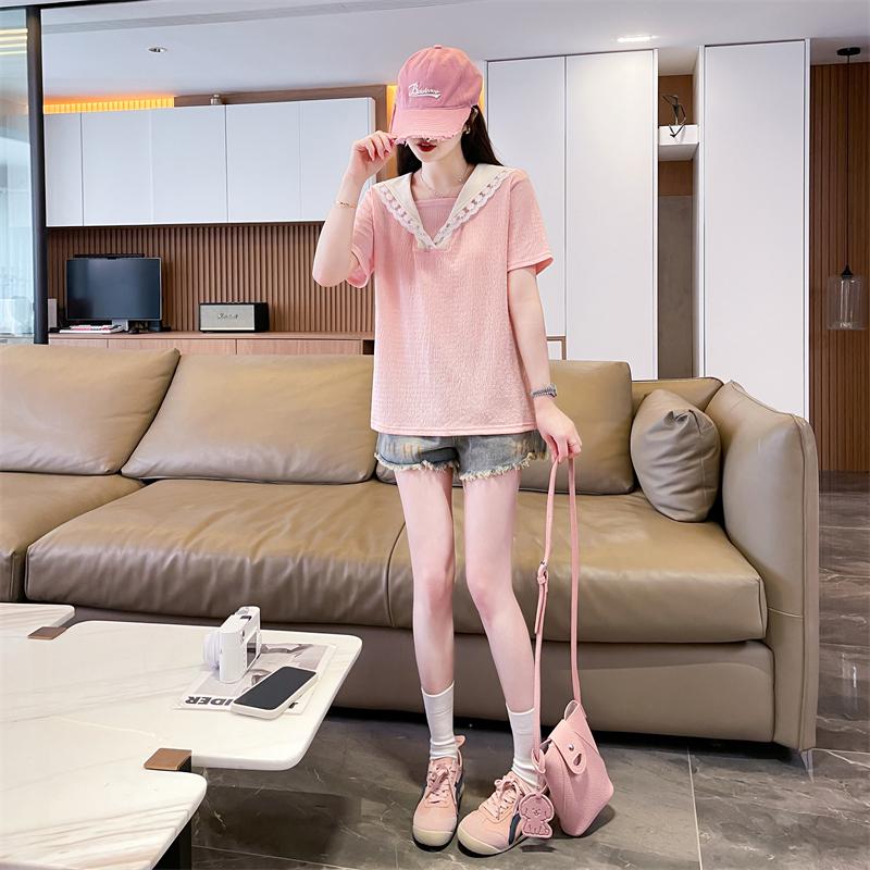 蕾絲翻領甜美減齡百搭上衣2色 M-2XL