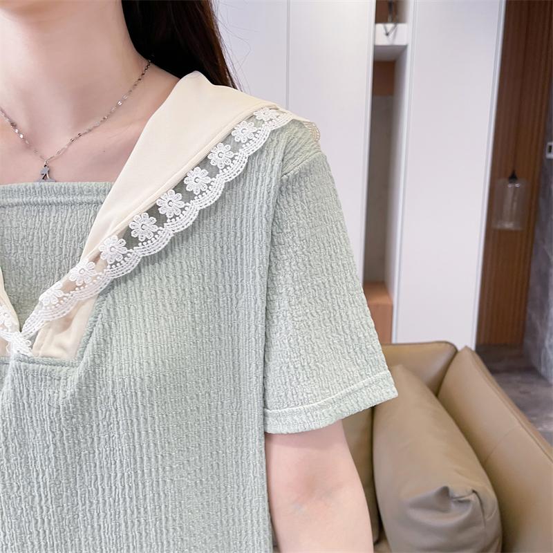 蕾絲翻領甜美減齡百搭上衣2色 M-2XL