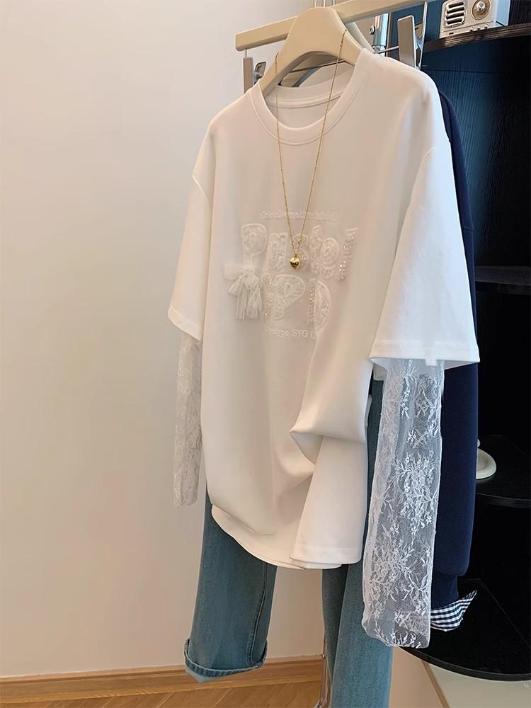 40支雙紗純棉210克刺繡亮片加大尺寸網紗拼接蕾絲上衣2色 M-4XL