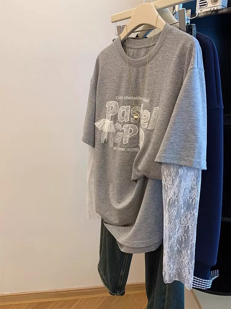 40支雙紗純棉210克刺繡亮片加大尺寸網紗拼接蕾絲上衣2色 M-4XL