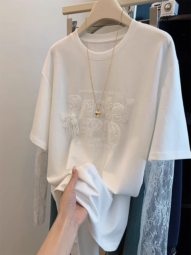 40支雙紗純棉210克刺繡亮片加大尺寸網紗拼接蕾絲上衣2色 M-4XL