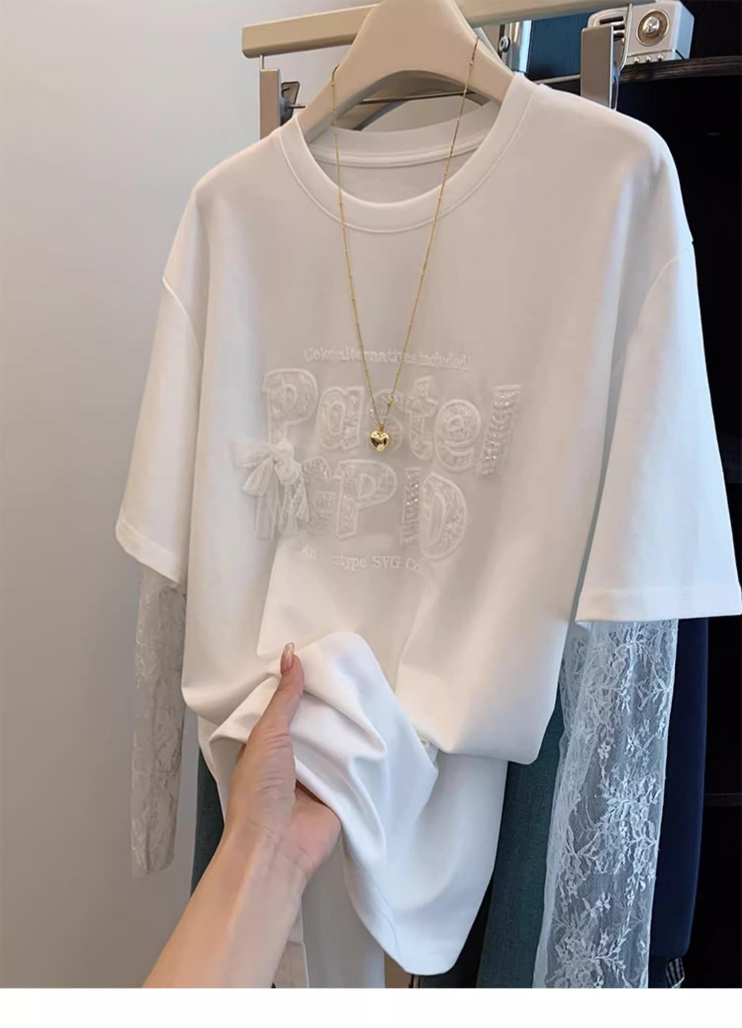 40支雙紗純棉210克刺繡亮片加大尺寸網紗拼接蕾絲上衣2色 M-4XL