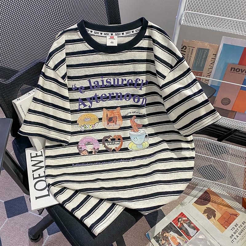 實拍65棉特大碼設計感小眾條紋短袖t 2色 M-4XL