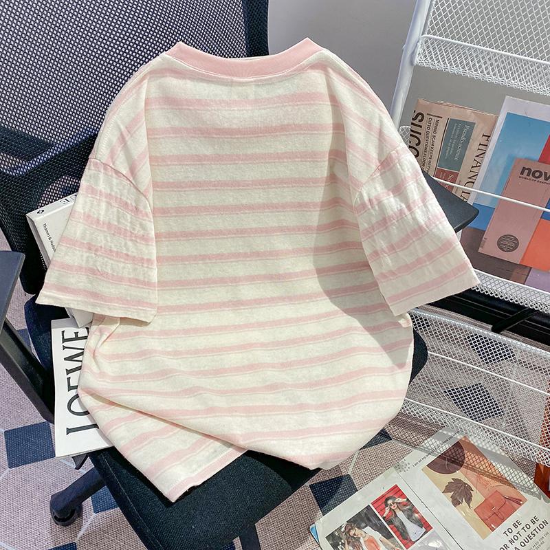 實拍65棉特大碼設計感小眾條紋短袖t 2色 M-4XL