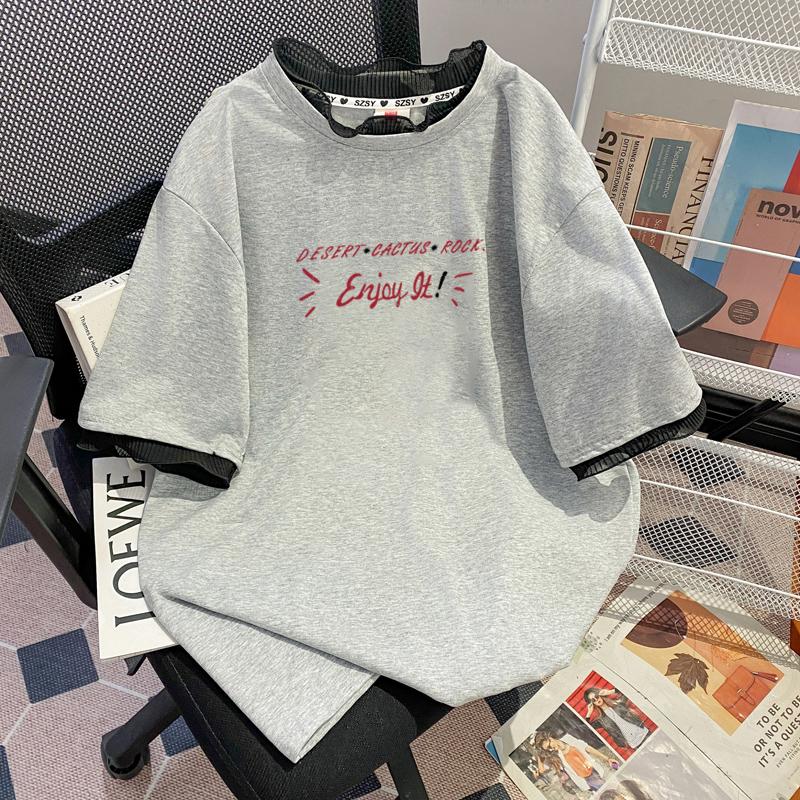 實拍棉+領口索羅娜大碼網紗拼接假兩件上衣2色 M-4XL