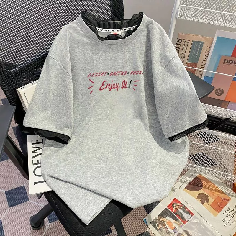 實拍棉+領口索羅娜大碼網紗拼接假兩件上衣2色 M-4XL
