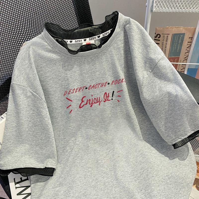 實拍棉+領口索羅娜大碼網紗拼接假兩件上衣2色 M-4XL