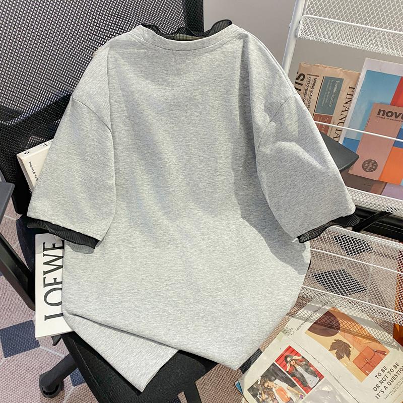 實拍棉+領口索羅娜大碼網紗拼接假兩件上衣2色 M-4XL