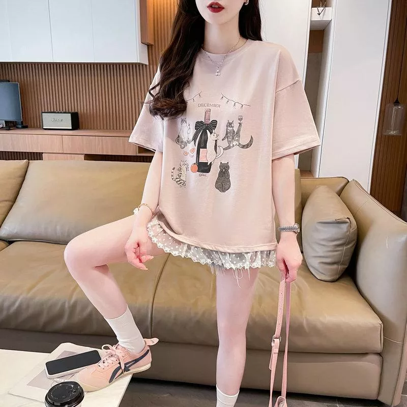 設計感小眾中長款夏季寬鬆蕾絲拼接上衣3色 M-2XL 設計感小眾中長款夏季寬鬆蕾絲拼接上衣3色 M-2XL