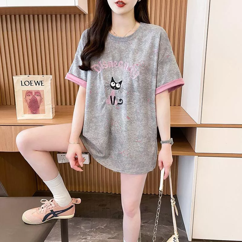 實拍雙面布春夏新款寬鬆短袖卡通燒花上衣2色 M-2XL 實拍雙面布春夏新款寬鬆短袖卡通燒花上衣2色 M-2XL