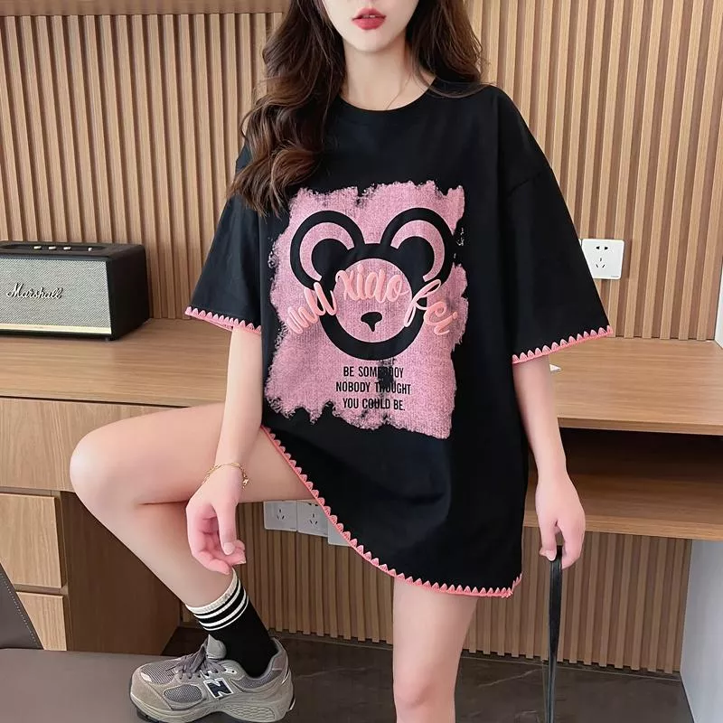 純棉200公克後包領撞色袖口小熊壓字重工短袖T 2色 M-2XL 純棉200公克後包領撞色袖口小熊壓字重工短袖T 2色 M-2XL