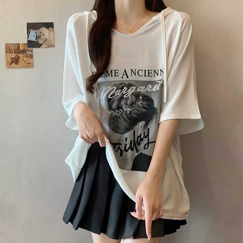 印花連帽拼色短袖夏季大尺碼女孩印花上衣2色 M-4XL