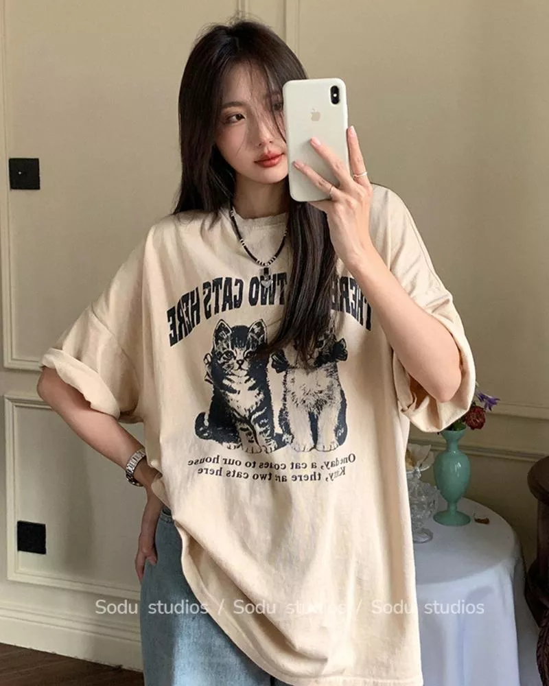 落肩寬鬆精梳冰感純棉貓咪印花230克T卹 S-3XL