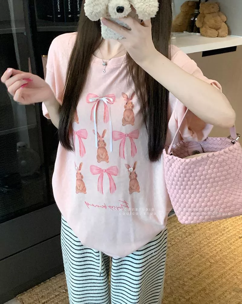 實拍雪花亞麻160克短袖蝴蝶結寬鬆圓領上衣M-2XL 實拍雪花亞麻160克短袖蝴蝶結寬鬆圓領上衣M-2XL