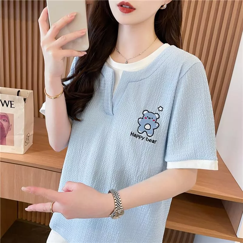 假兩件學生短袖夏季皺布拼接假兩件小熊百搭上衣3色 M-2XL 假兩件學生短袖夏季皺布拼接假兩件小熊百搭上衣3色 M-2XL