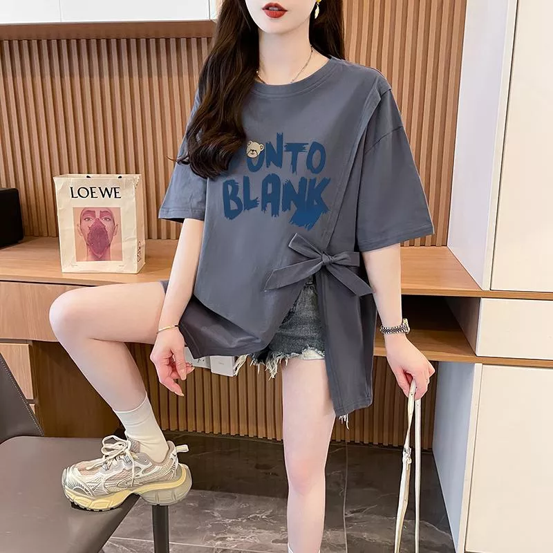 實拍純棉後包領中長寬鬆開叉綁帶設計感T 3色 M-2XL 實拍純棉後包領中長寬鬆開叉綁帶設計感T 3色 M-2XL