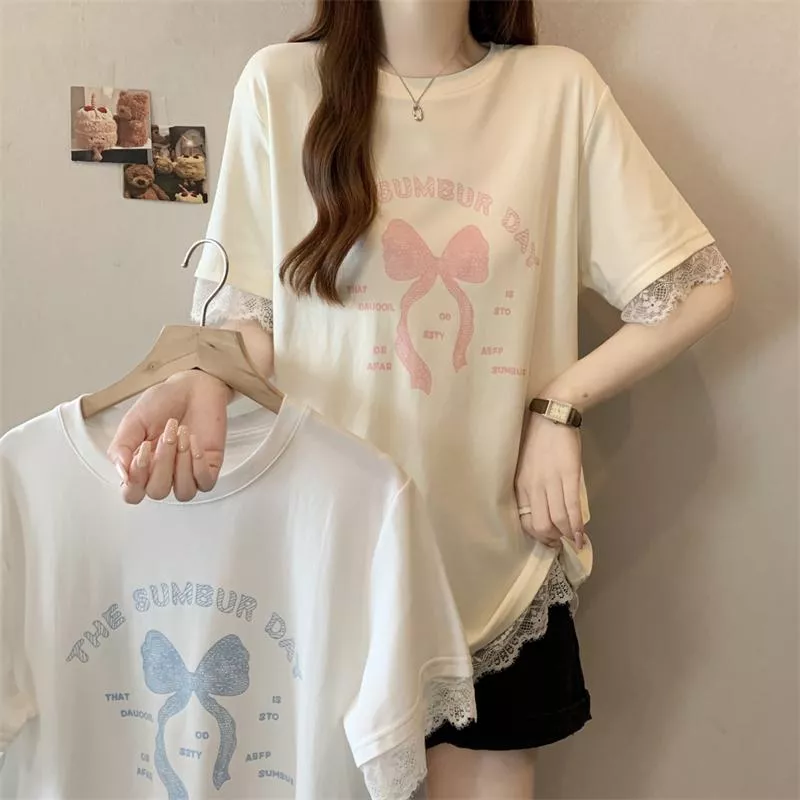 卡通印花夏季新款蕾絲拼接設計圓領短袖T卹2色 M-2XL 卡通印花夏季新款蕾絲拼接設計圓領短袖T卹2色 M-2XL