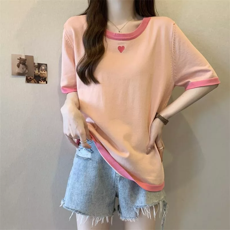 實拍大尺碼女款夏季胖mm撞色粉紅刺繡愛心上衣M-4XL