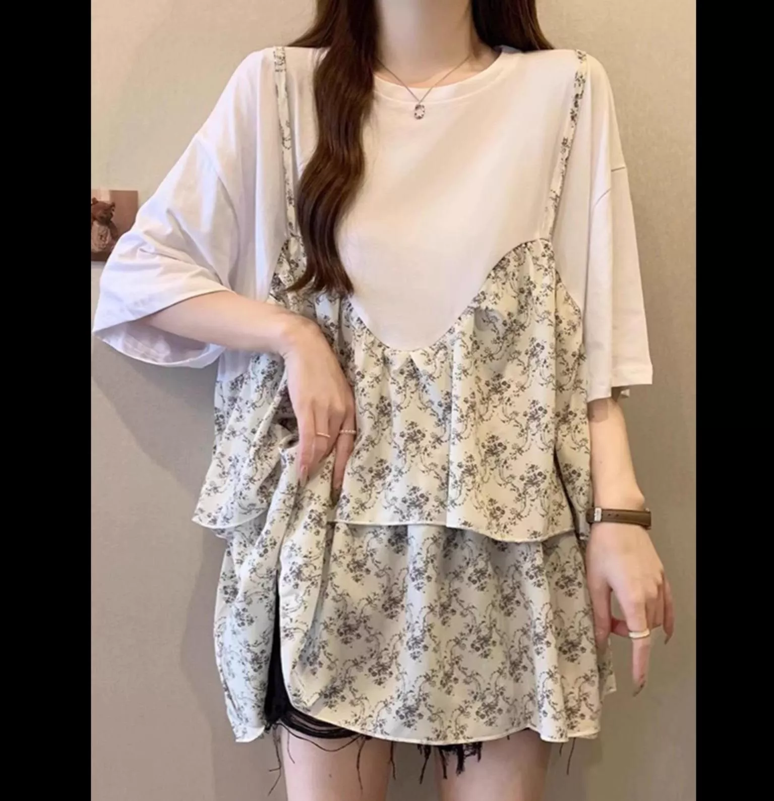兩件吊帶碎花短袖雪紡衫寬鬆顯瘦遮肚子上衣2色 S-3XL