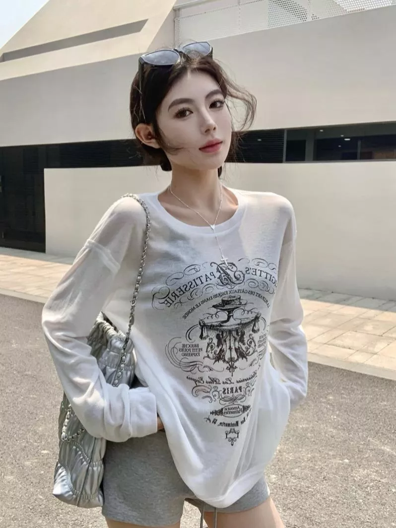 實拍夏慵懶風字母印花薄款寬鬆透視防曬空調衫2色 實拍夏慵懶風字母印花薄款寬鬆透視防曬空調衫2色