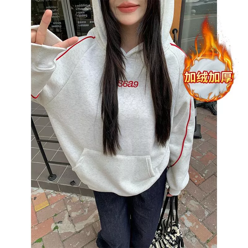 實拍純棉華棉衛衣秋冬加絨加厚刺繡設計感連帽保暖上衣2色 M-2XL