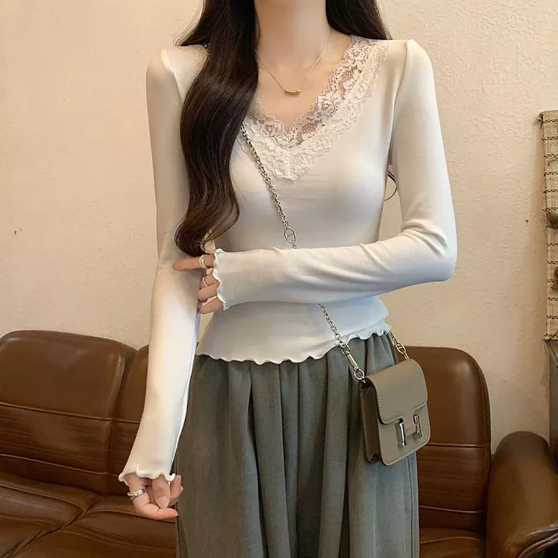 實拍長袖t薄款純色修身蕾絲打底衫V領上衣2色 S-XL