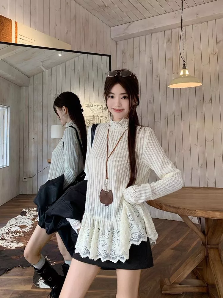 90棉10安綸花邊長袖寬鬆設計疊穿打底衫S-XL