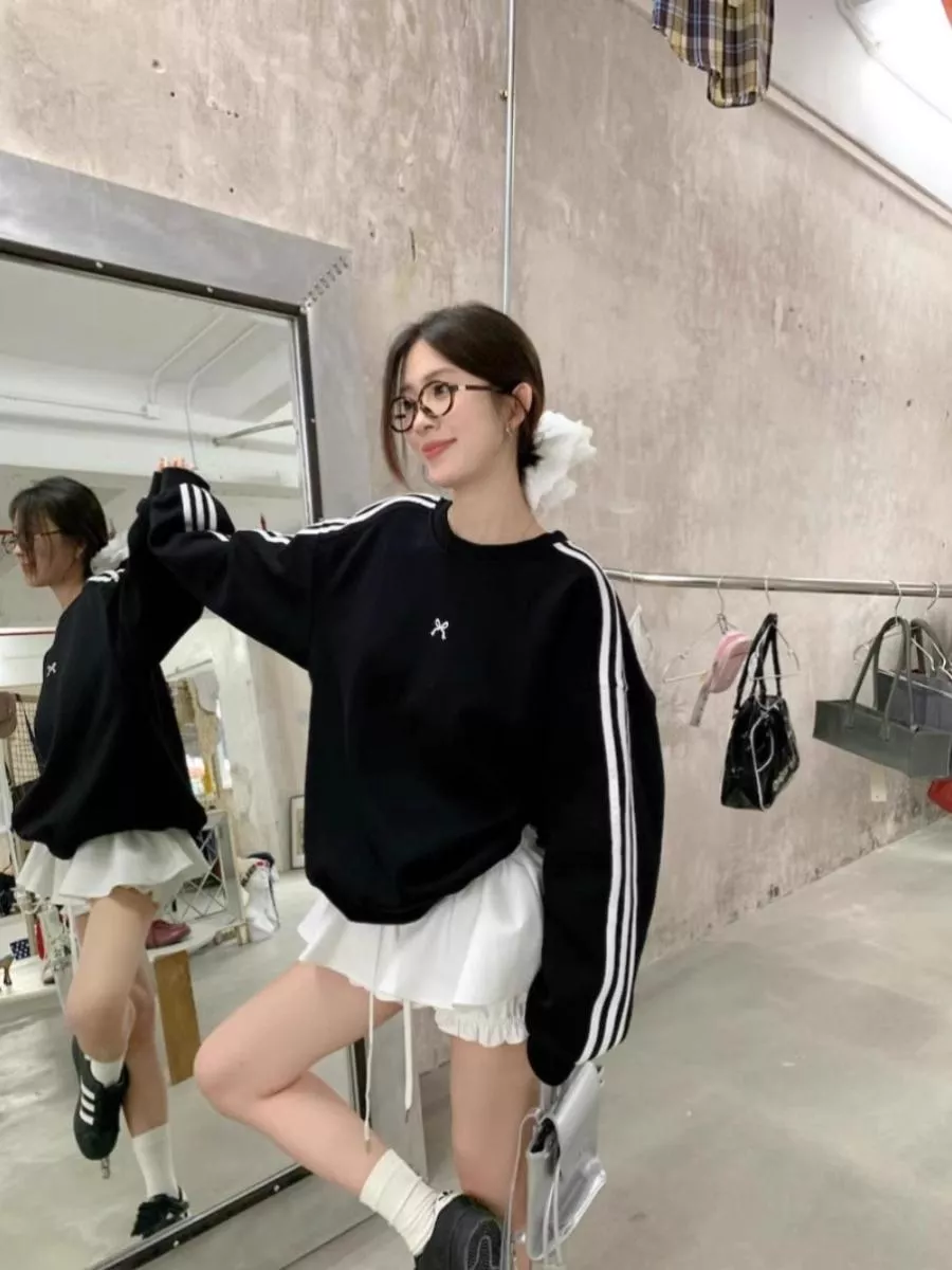 辣妹三條槓蝴蝶結黑色衛衣寬鬆顯瘦運動風上衣M-2XL