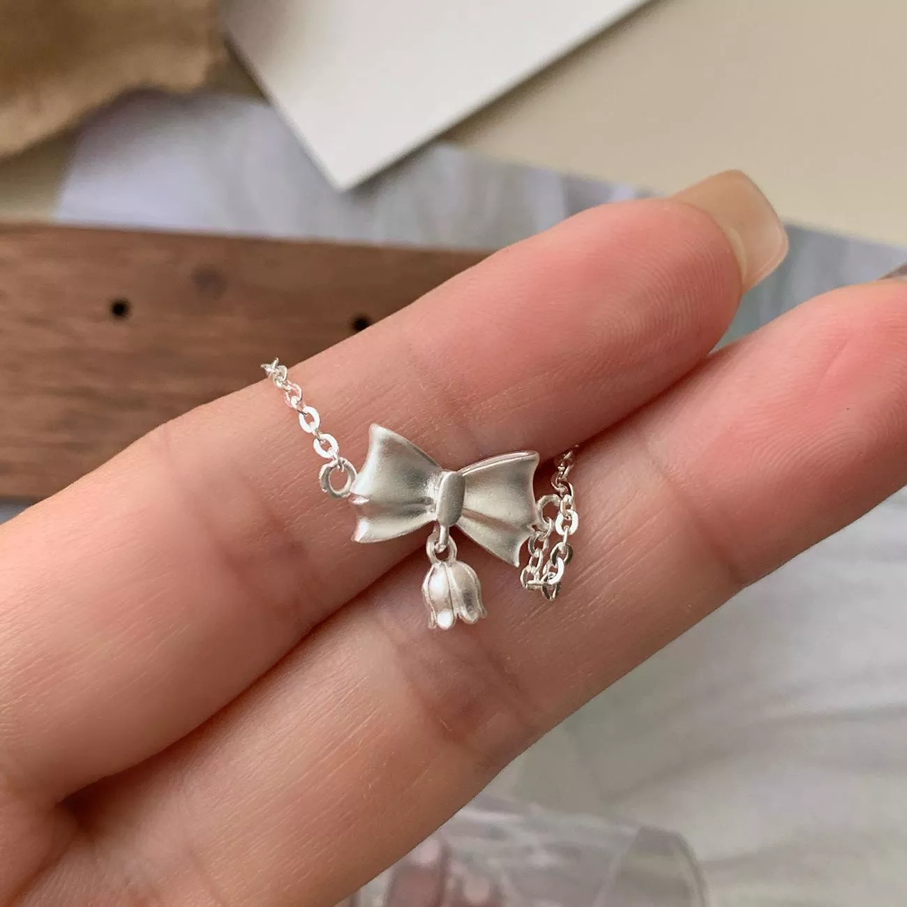 s999純銀蝴蝶結鈴蘭花小清新甜美磨砂花朵足銀手飾