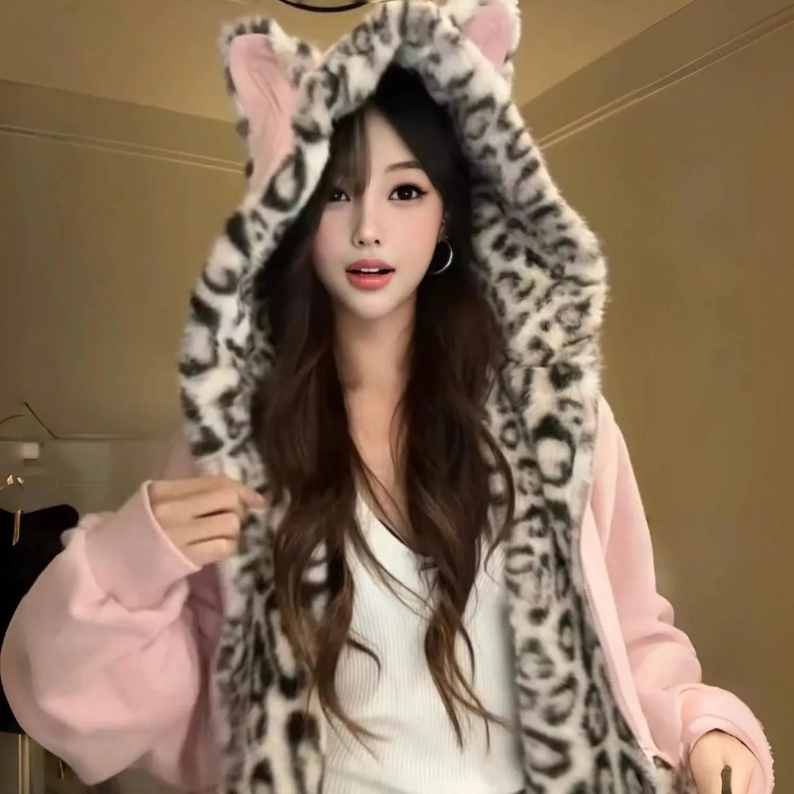 秋冬可愛粉紅兔耳保暖外套豹紋內裡拉鍊連帽加絨上衣S-XL