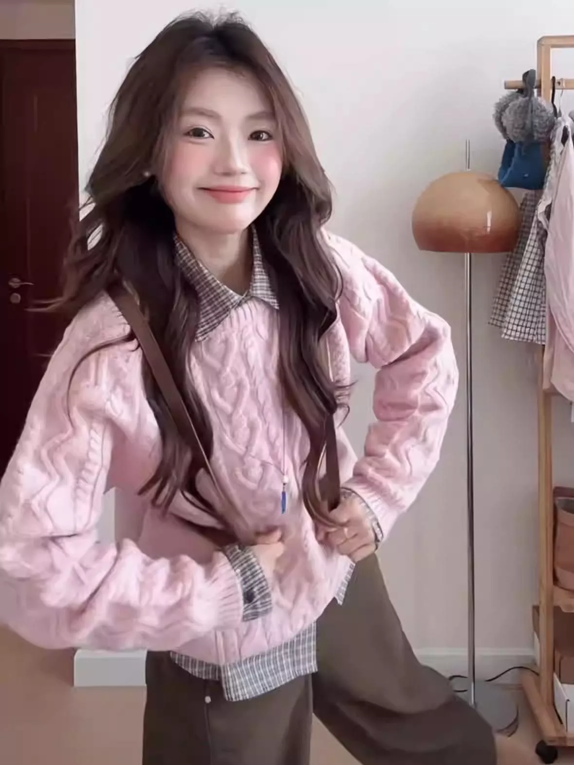 超甜美！高級慵懶溫柔粉紅寬鬆麻花毛衣