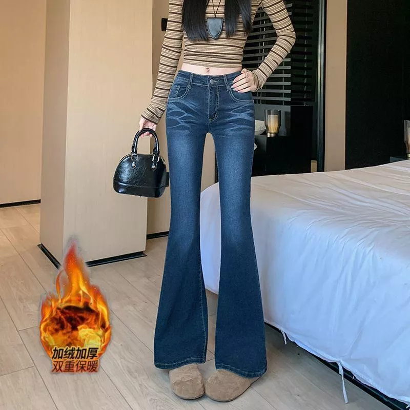 實拍~加絨加厚顯瘦高腰微喇叭牛仔褲彈性修身S-XL